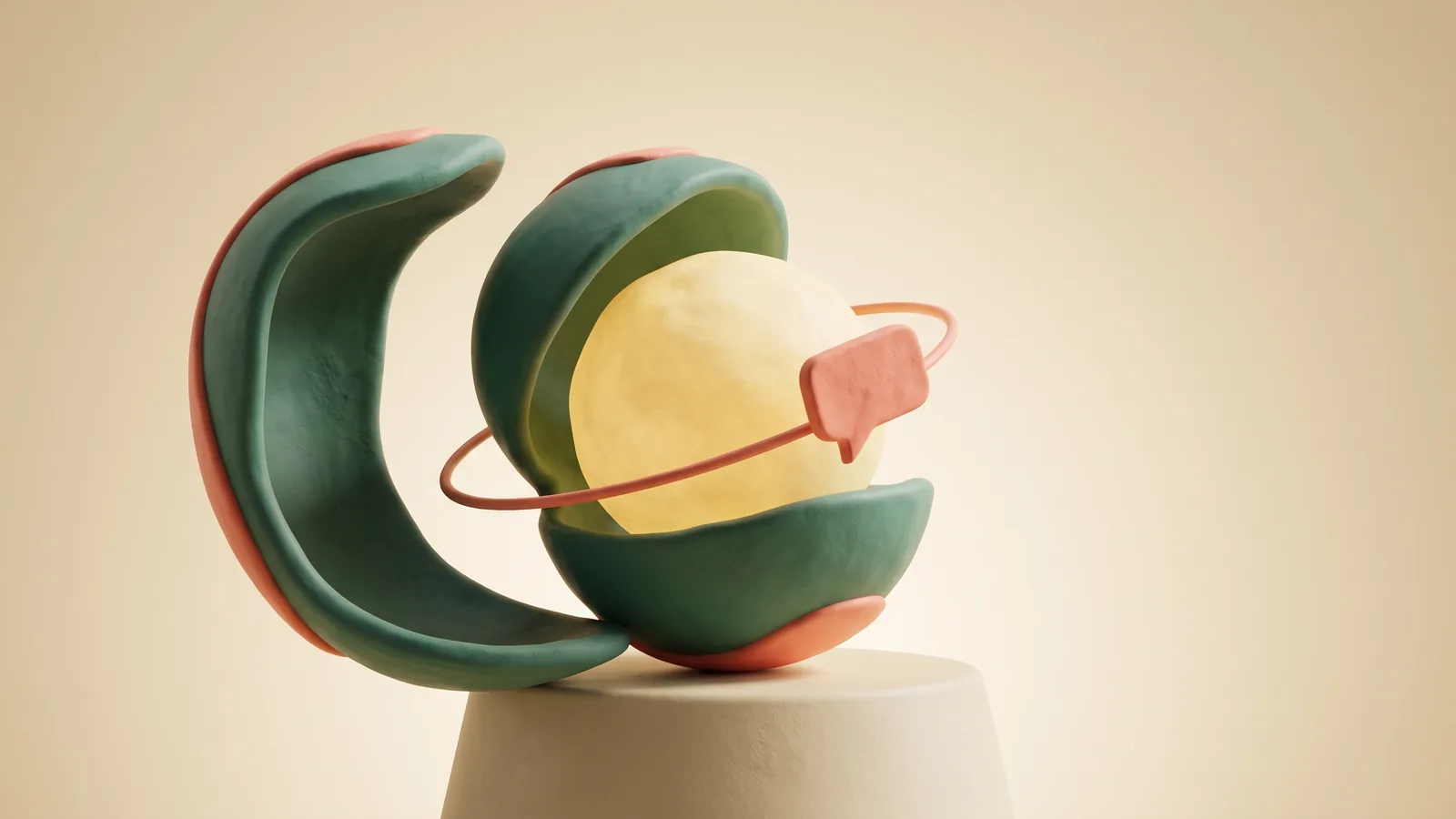 Illustration : une sphère lumineuse posée dans une coque sculptée ouverte, une bulle de conversation en orbite autour d'elle