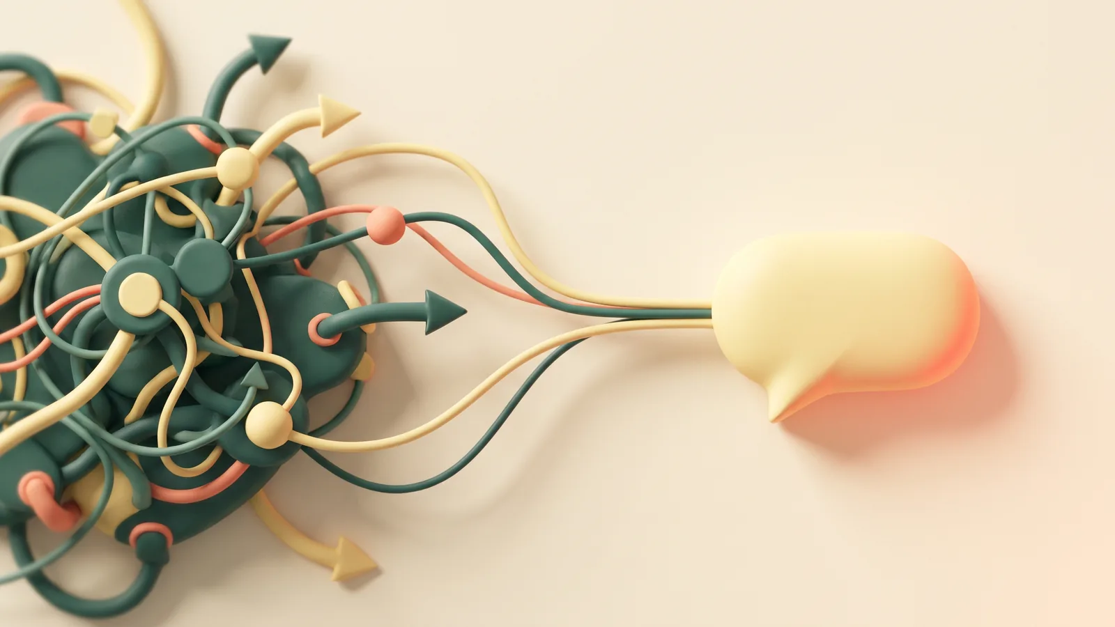 Illustration : un enchevêtrement de nœuds et de flèches qui se démêle en une seule bulle de conversation