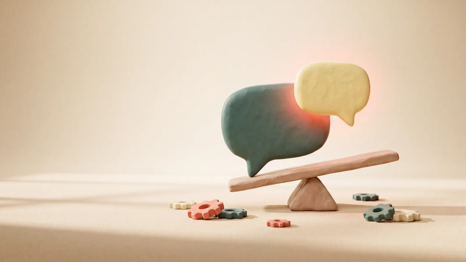 Illustration : une bulle de conversation en équilibre sur une bascule, entourée de jetons éparpillés