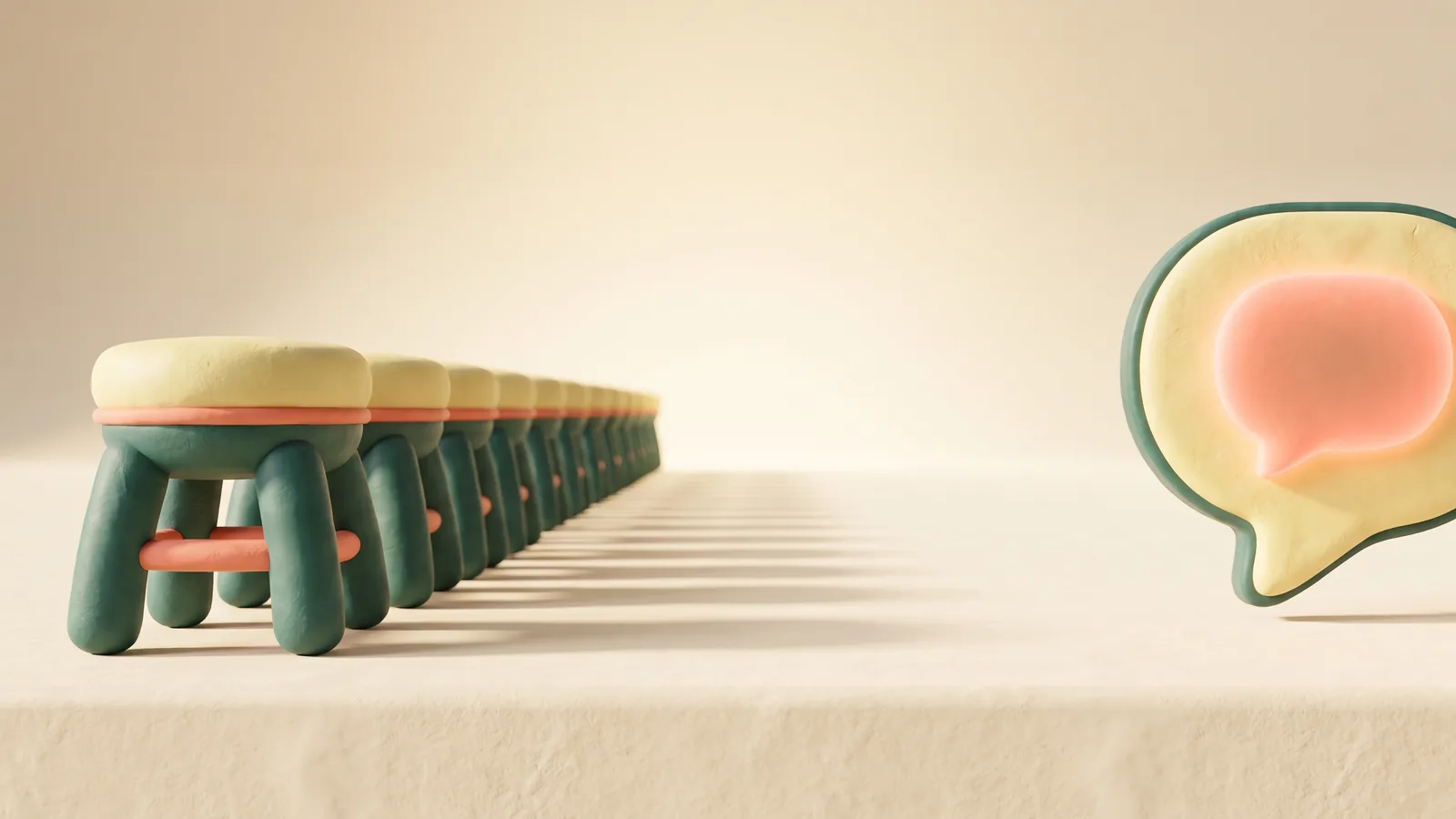 Illustration : une longue rangée de tabourets sculptés face à une grande bulle de conversation isolée
