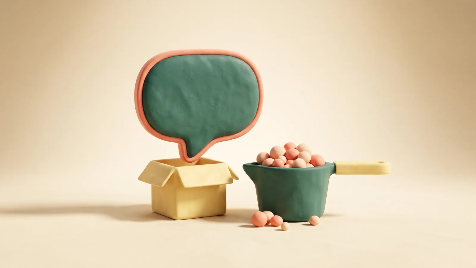 Illustration : une bulle de conversation sortant d'une petite boîte, à côté d'un verre doseur à moitié rempli