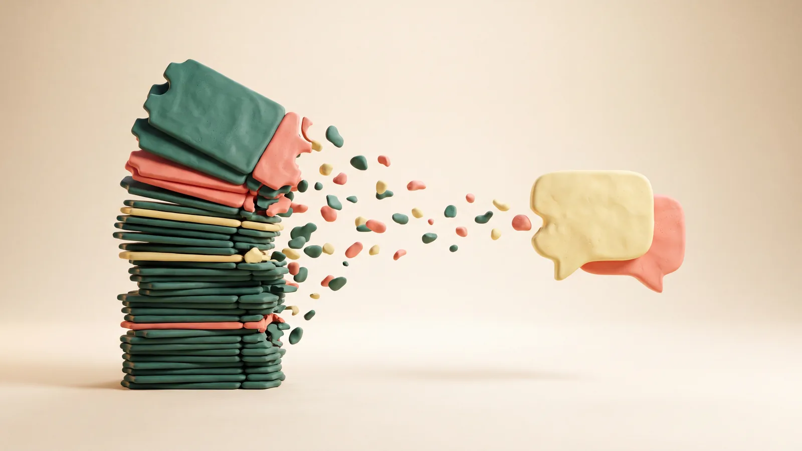 Illustration : une pile de tickets de support qui se disperse et se transforme en bulle de réponse