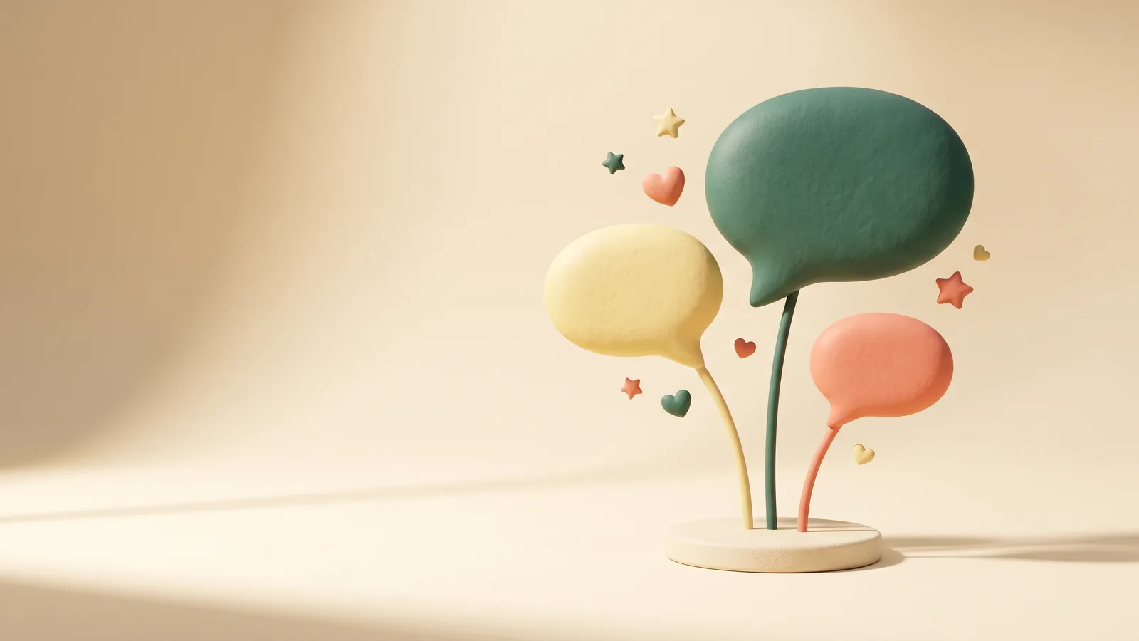 Illustration : trois bulles de conversation de tailles différentes s'élevant d'une petite scène ronde, entourées de cœurs et d'étoiles sculptés