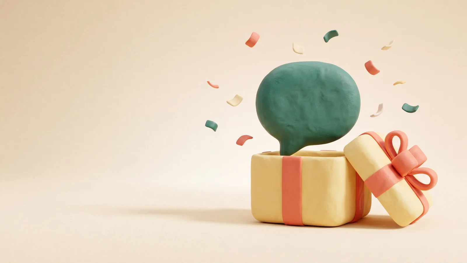 Illustration : une bulle de conversation qui sort d'un paquet cadeau ouvert, entourée de confettis