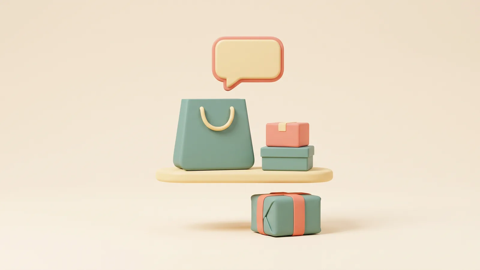 Illustration 3D d'un chatbot PrestaShop : un sac de courses surmonté d'une bulle de conversation, des colis et des produits sur une étagère