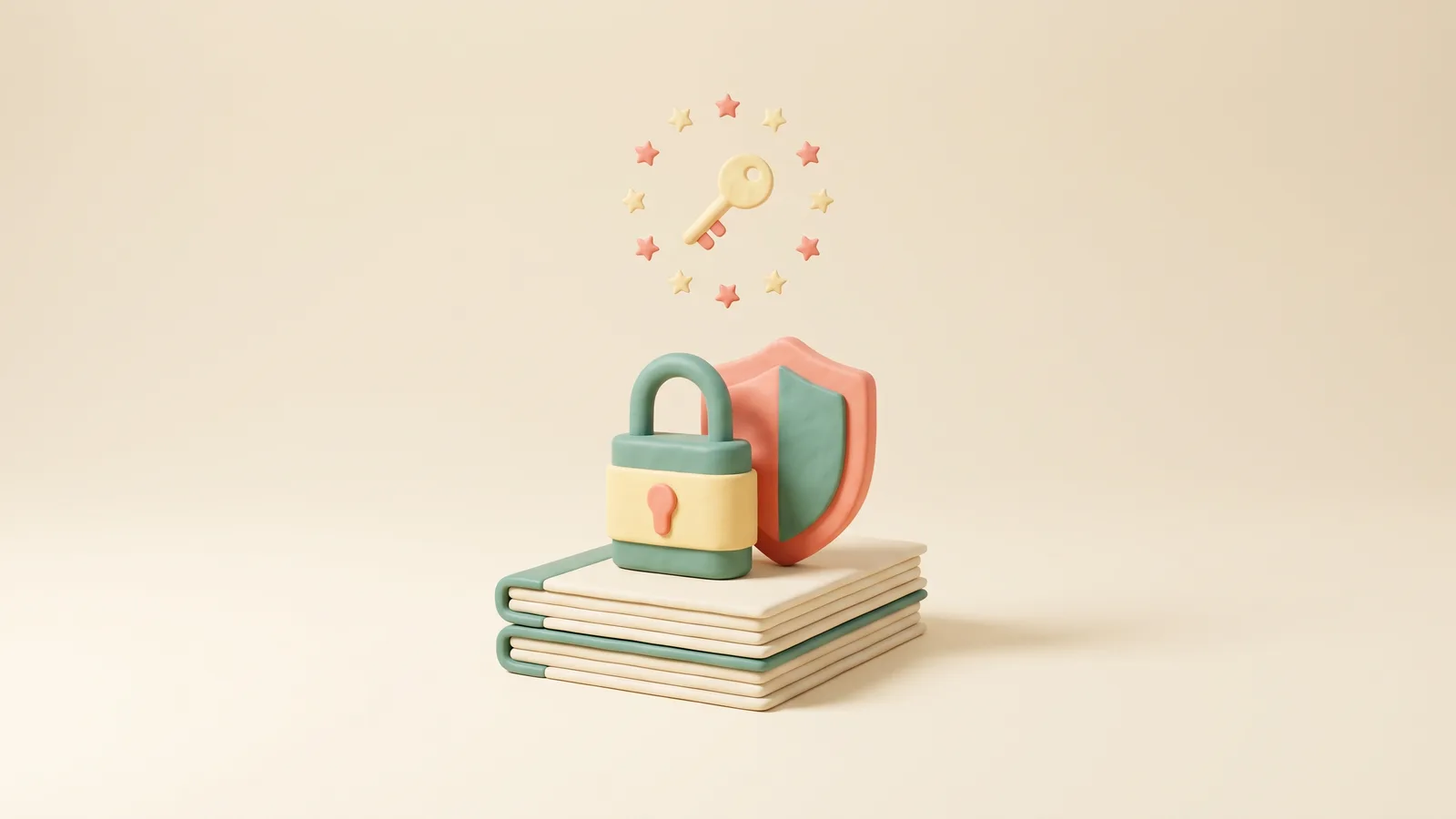 Illustration 3D du RGPD pour chatbot : un cadenas et un bouclier posés sur des documents, une clé et un cercle de douze étoiles au-dessus