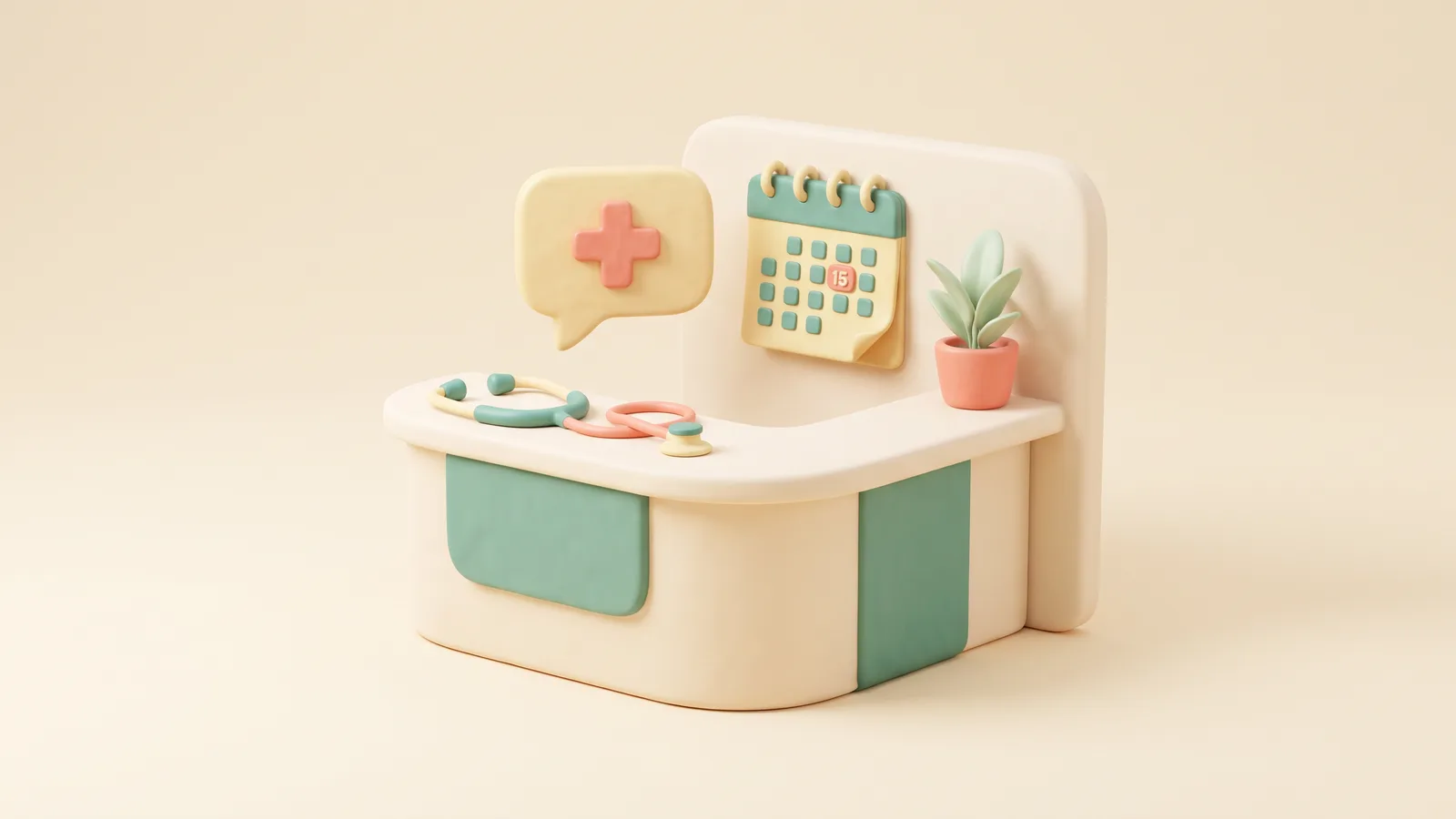 Illustration 3D d'un chatbot pour la santé : un comptoir d'accueil de cabinet médical, une bulle de conversation avec une croix médicale et un calendrier