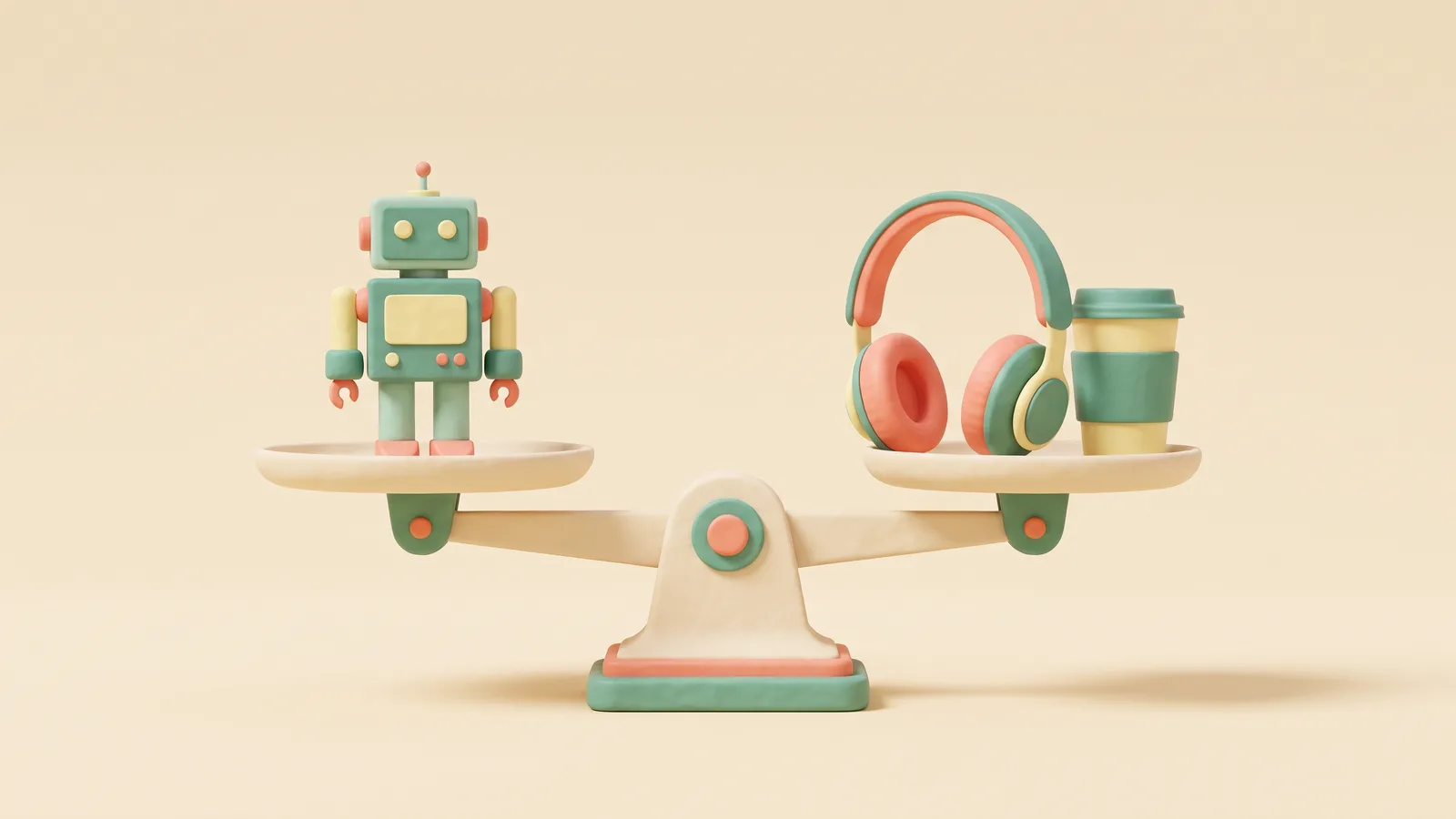 Illustration 3D : une balance avec un petit robot d'un côté, un casque audio et une tasse de café de l'autre, en équilibre