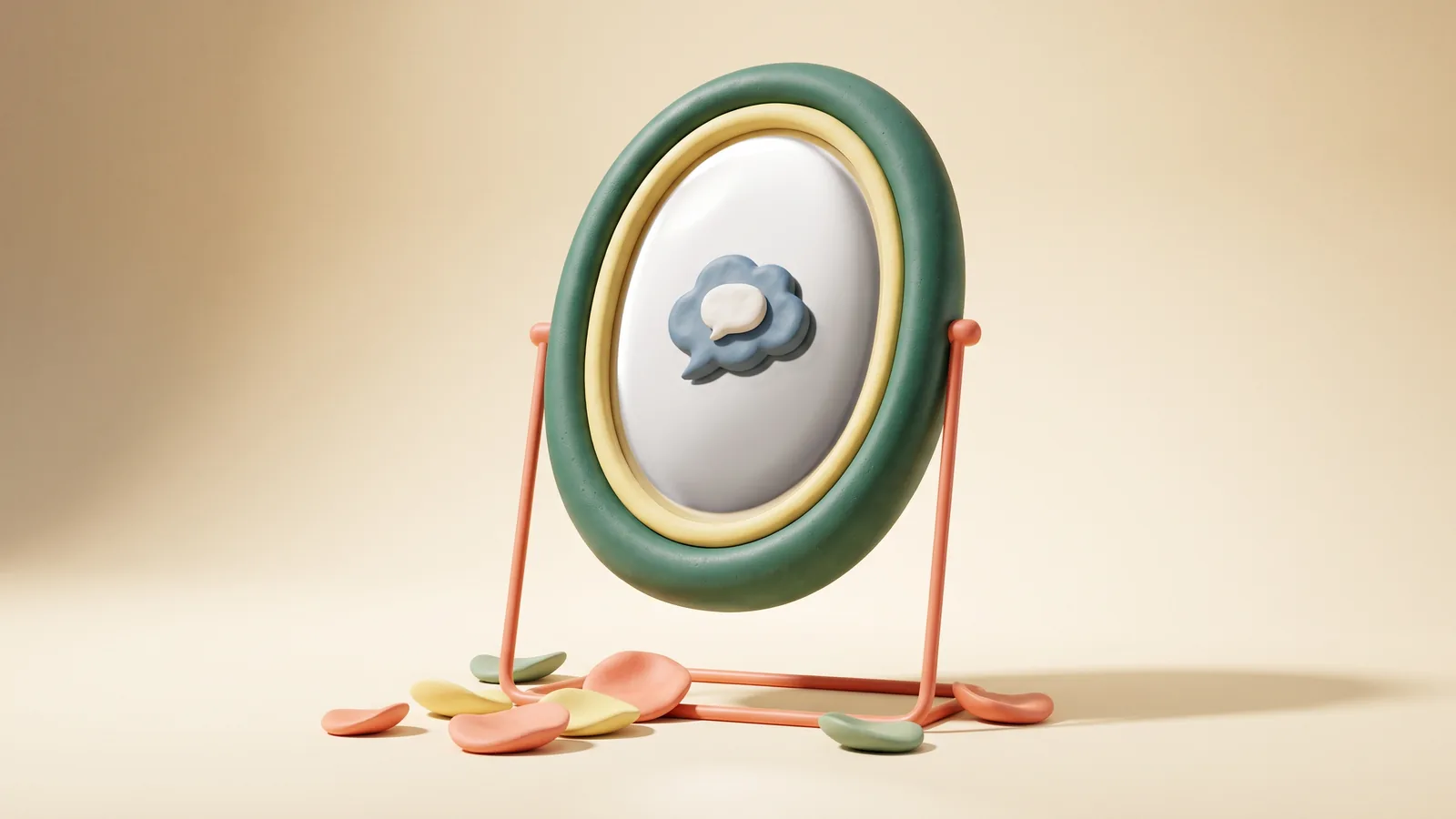 Illustration : un miroir ovale sculpté sur pied, des pétales à sa base, une bulle de conversation reflétée dans la glace