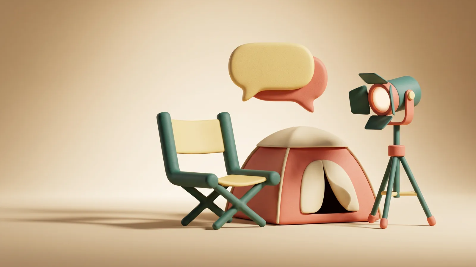 Illustration : du matériel événementiel sculpté, chaise pliante, chapiteau et projecteur, surmonté d'une bulle de conversation