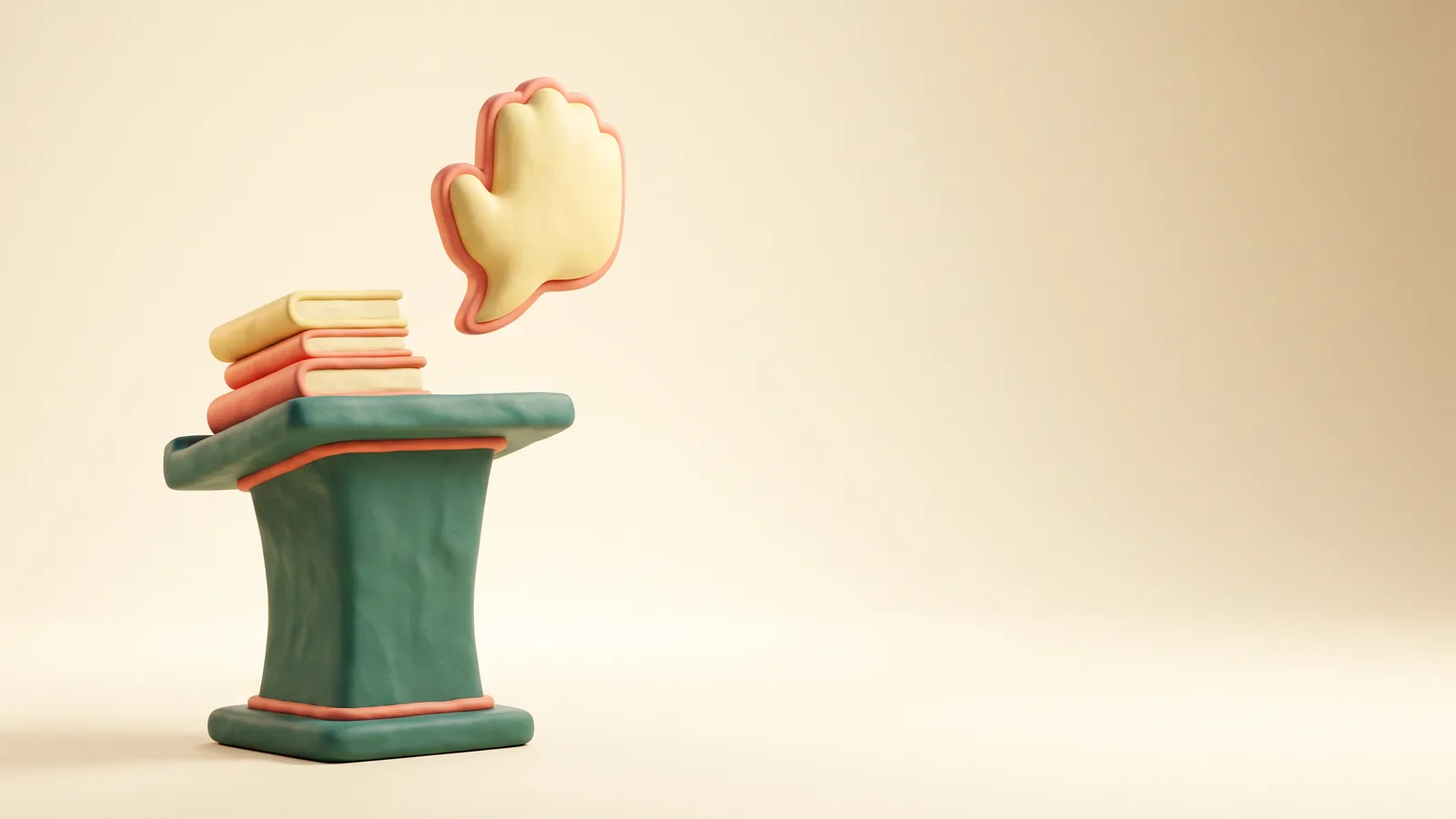 Illustration : un pupitre sculpté surmonté d'une pile de livres et d'une bulle de conversation