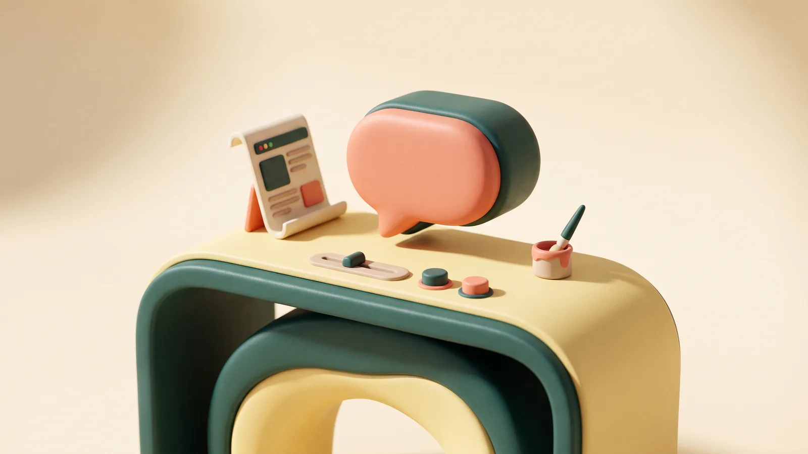 Illustration : une bulle de conversation posée sur un petit établi sculpté, avec un curseur, deux boutons ronds, un pot de peinture et une page web miniature dressée à côté