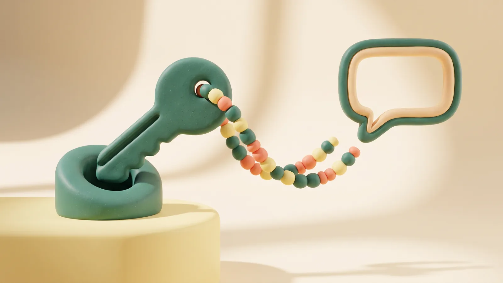 Illustration : une clé sculptée qui se glisse dans une prise ronde, un ruban de nœuds connectés s'en échappant vers une bulle de conversation
