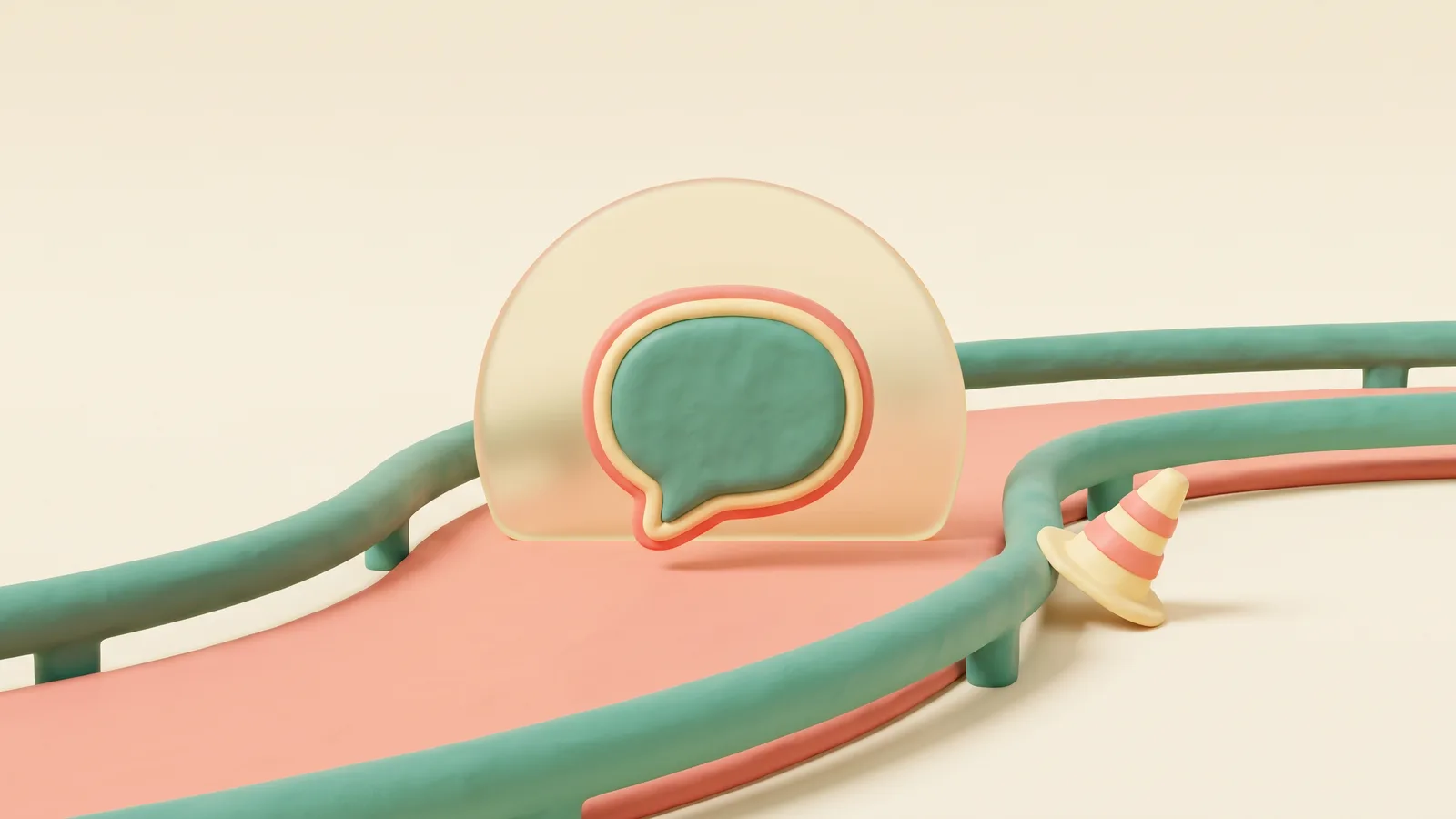 Illustration 3D : une bulle de conversation protégée par un bouclier translucide sur un chemin bordé de garde-fous