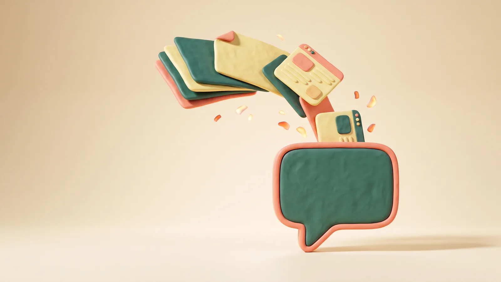 Illustration : une pile de documents et des pages web sculptés versés comme un ruisseau dans une grande bulle de conversation