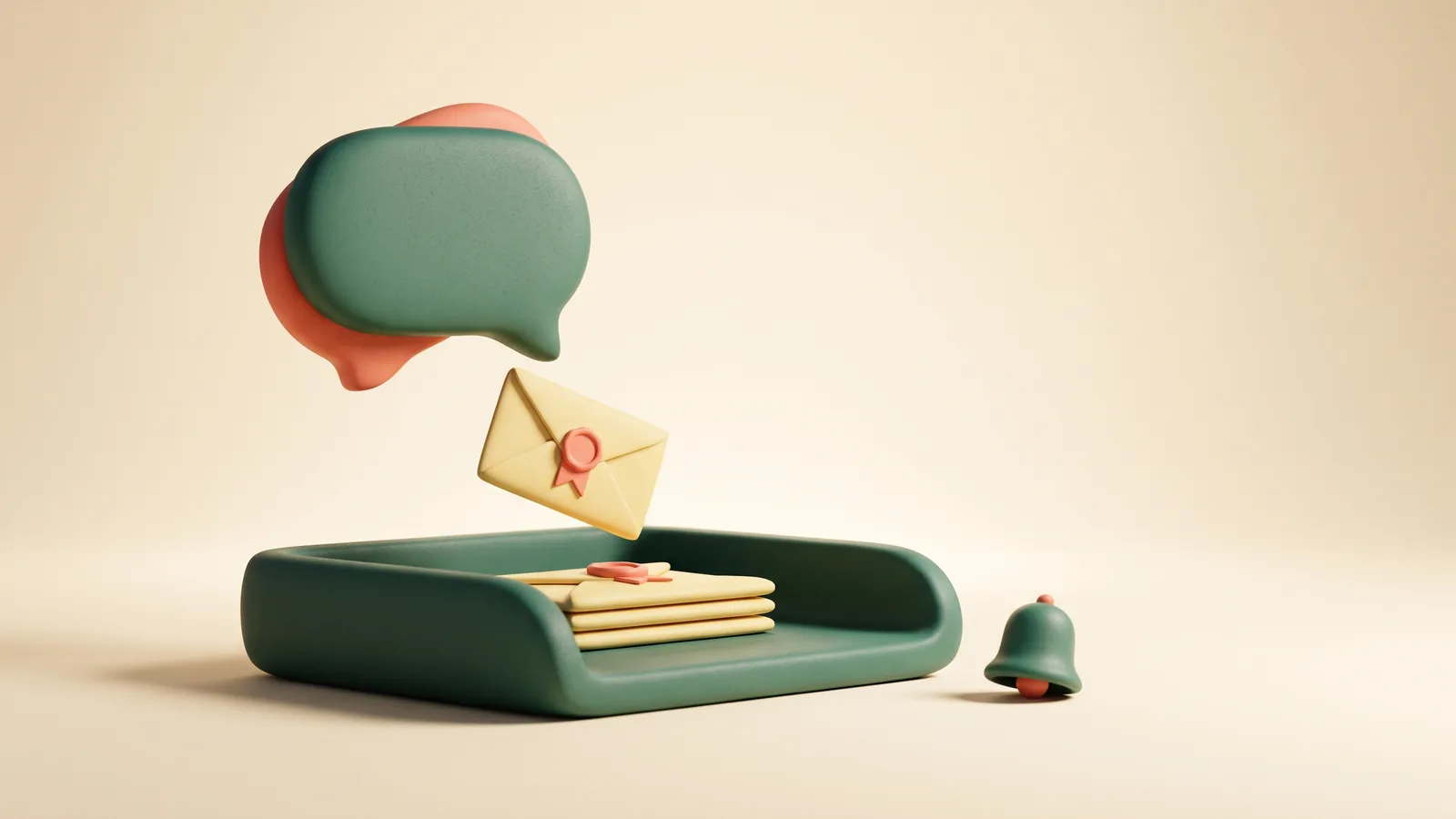 Illustration : une bulle de conversation dépose une enveloppe dans un bac où d'autres enveloppes sont déjà rangées, une petite cloche sur le côté