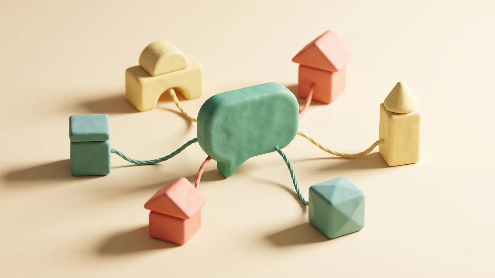 Illustration : une bulle de conversation au centre reliée par des cordons sculptés à six blocs différents disposés en cercle