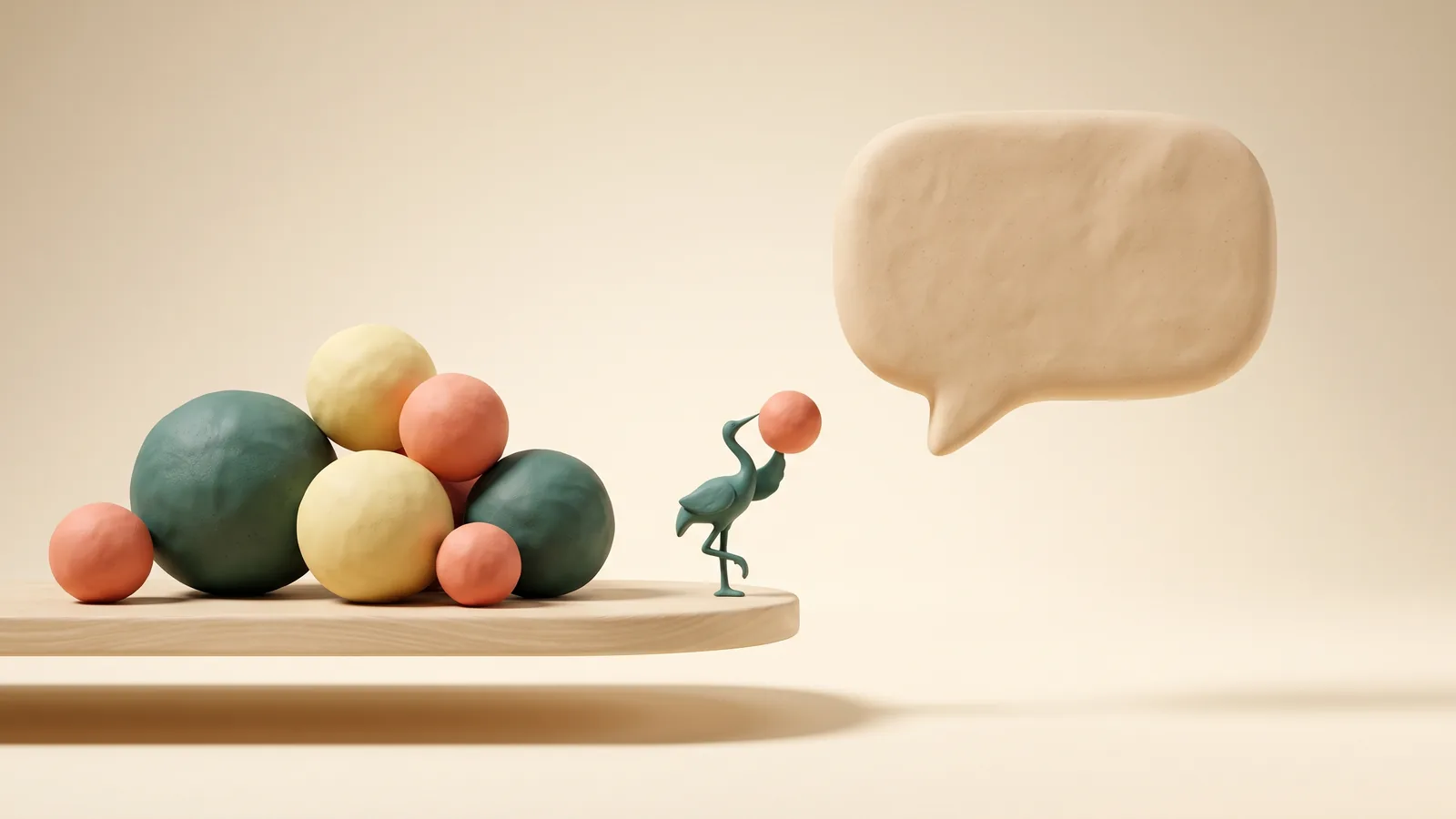 Illustration : huit petites sphères sculptées de tailles et couleurs différentes posées sur un plateau de bois, un petit héron sculpté en porte une vers une bulle de conversation