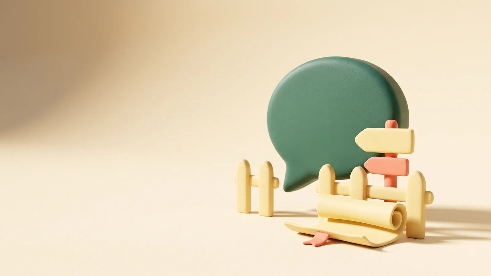 Illustration : une bulle de conversation derrière une petite barrière sculptée, un panneau indicateur et un rouleau de consignes déroulé à ses pieds