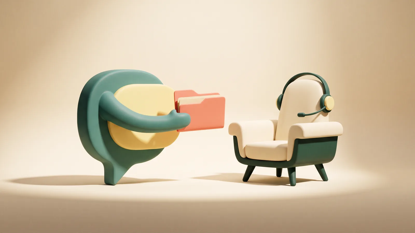 Illustration : une bulle de conversation tend un dossier sculpté vers une chaise vide sur laquelle repose un casque audio, sous un projecteur