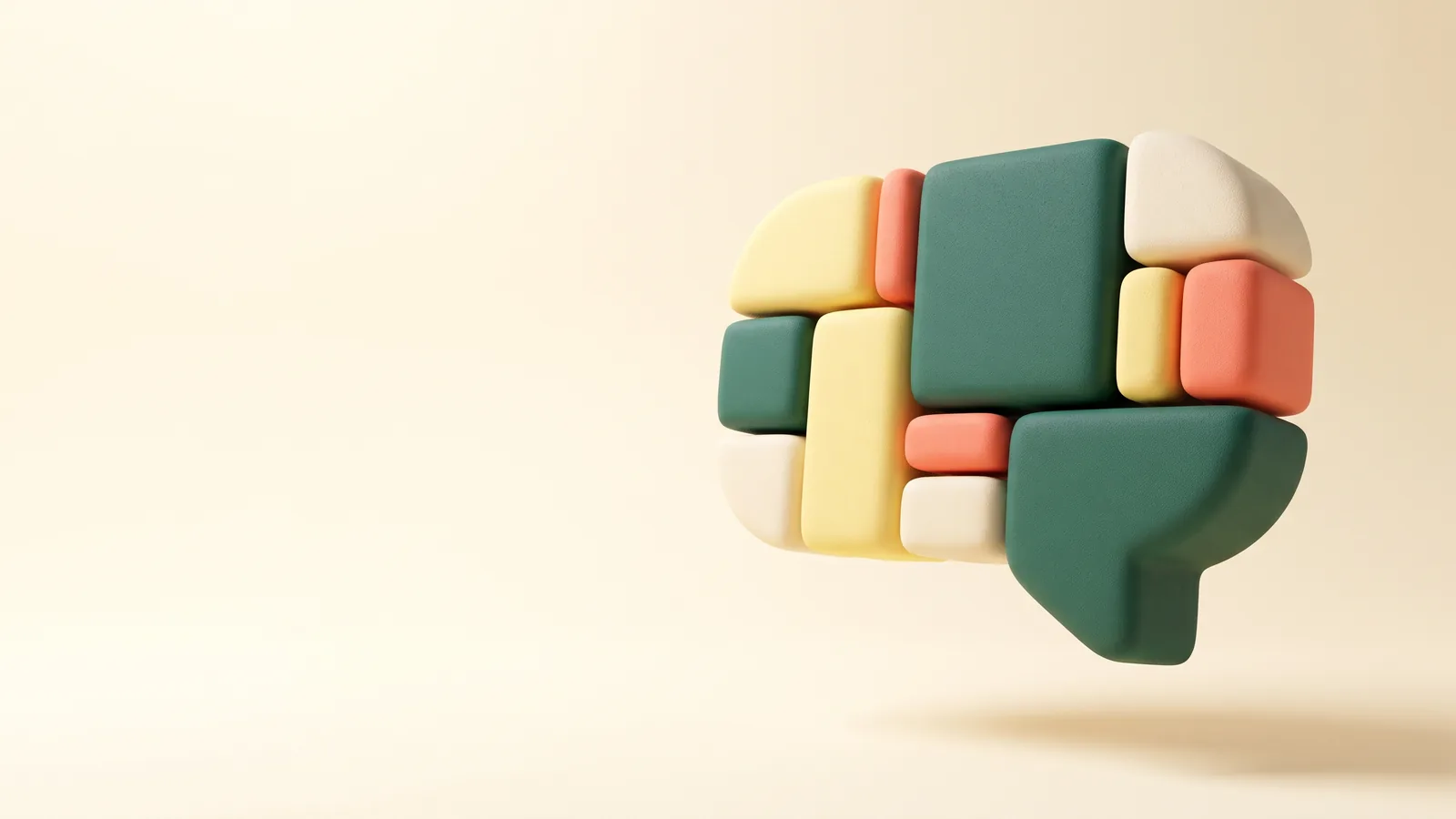 Illustration: sculpted modular blocks assembling into a single chat bubble