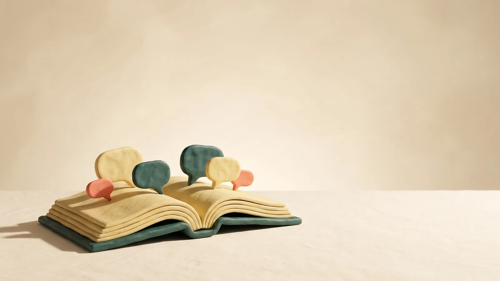 Illustration : un livre sculpté ouvert d'où s'échappent plusieurs petites bulles de conversation, comme des marque-pages