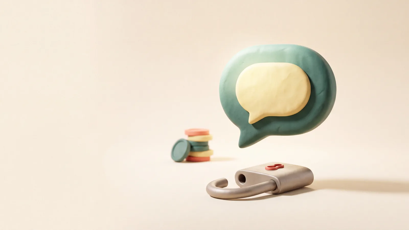 Illustration : une bulle de conversation flottant au-dessus d'un cadenas ouvert, sans formulaire ni compte