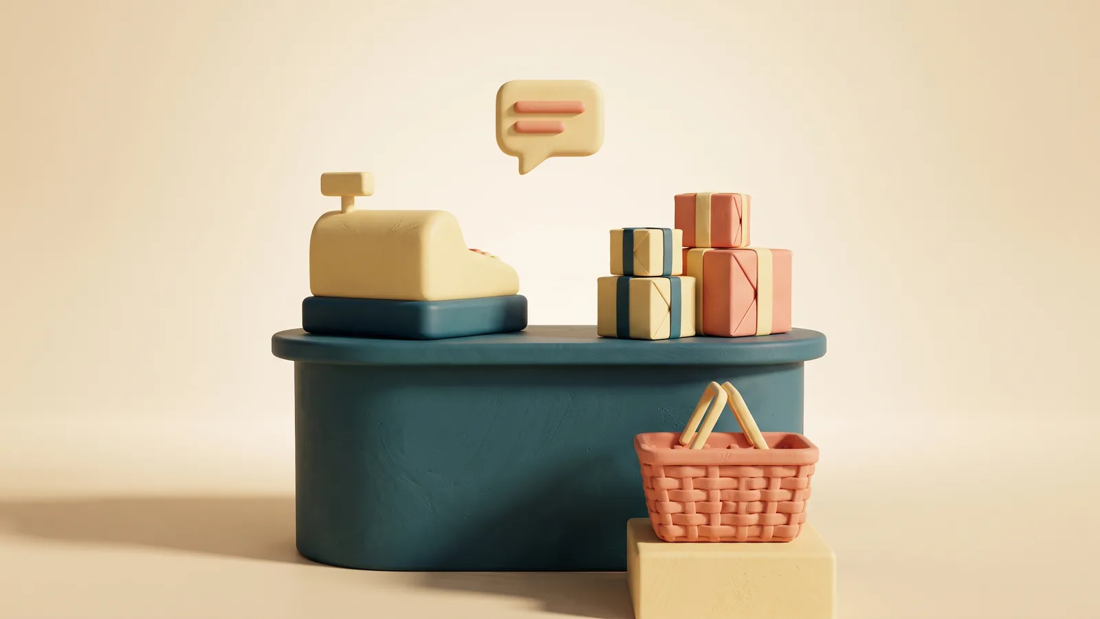Illustration : un comptoir de boutique sculpté avec une caisse et des cartons de produits, une bulle de conversation au-dessus du comptoir