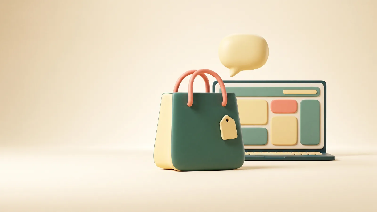 Illustration : un sac de courses sculpté à côté d'un ordinateur portable, une bulle de conversation qui s'en échappe