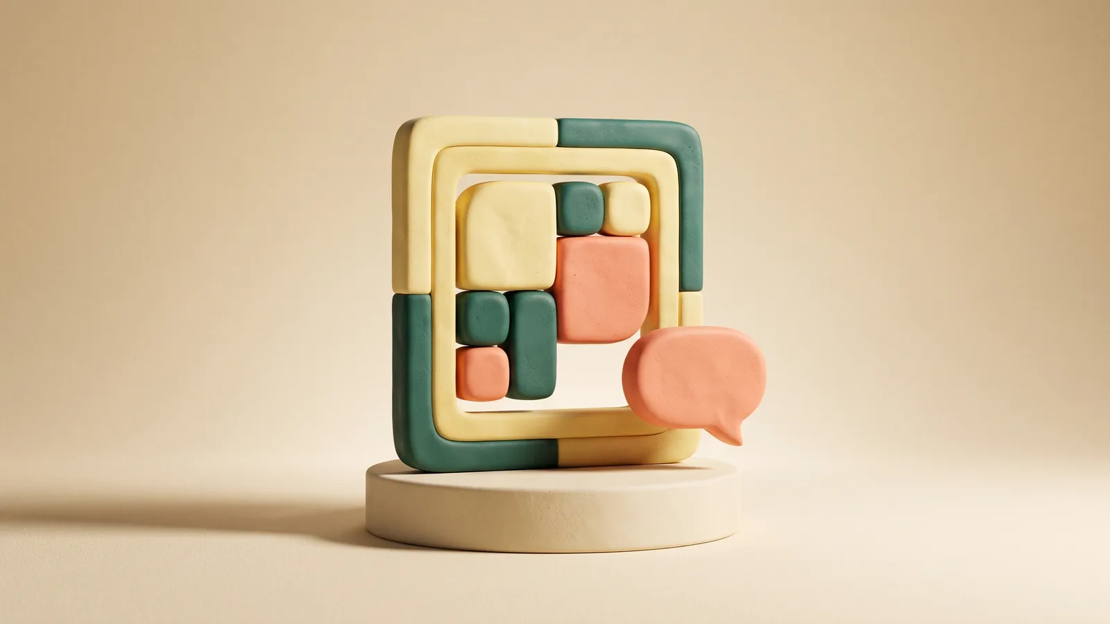 Illustration : un cadre carré sculpté posé sur un socle comme une toile de galerie, une bulle de conversation dans son coin inférieur droit