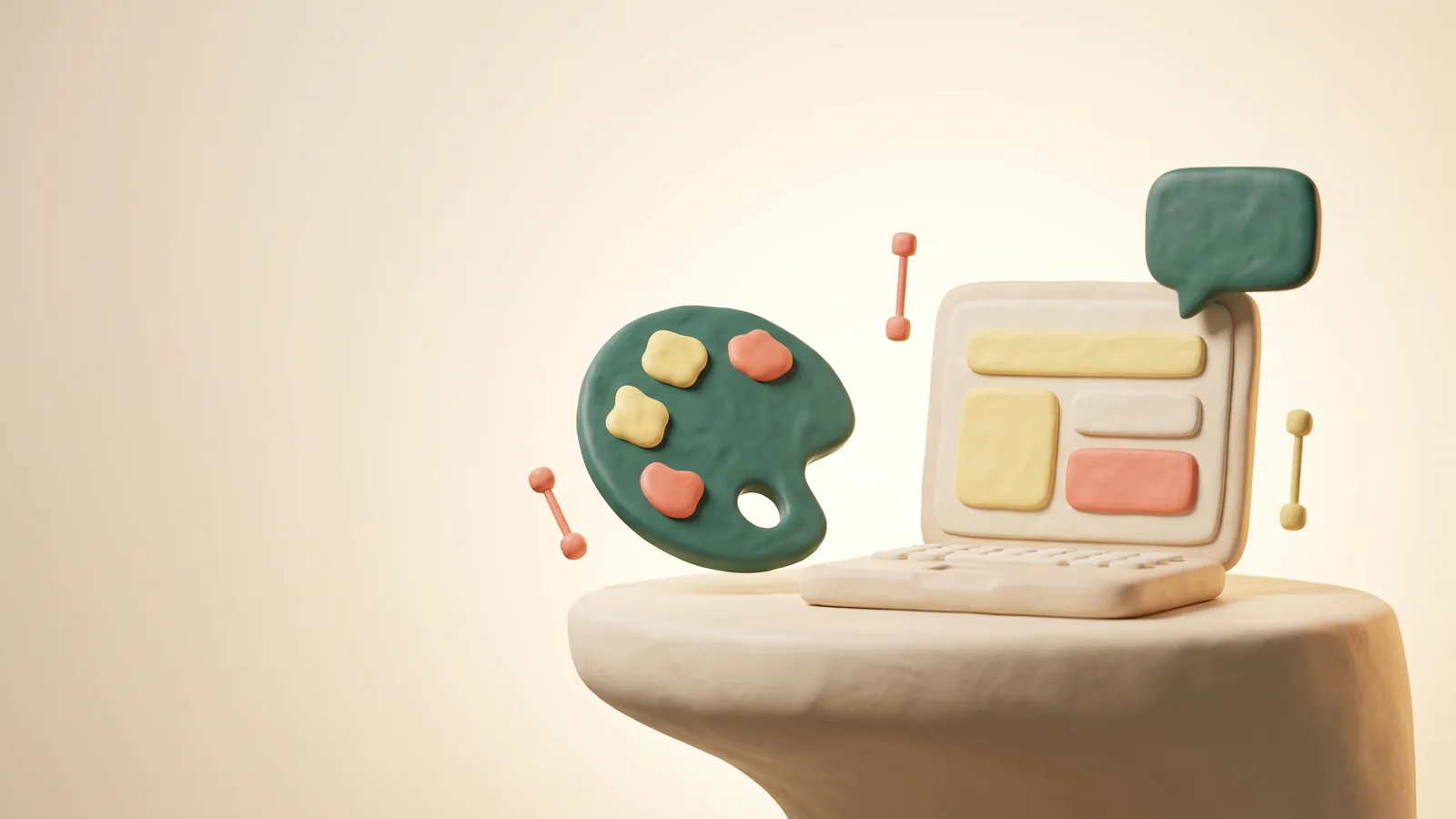 Illustration : une palette de peinture sculptée à côté d'un ordinateur portable affichant des blocs de mise en page, une bulle de conversation dans le coin de l'écran