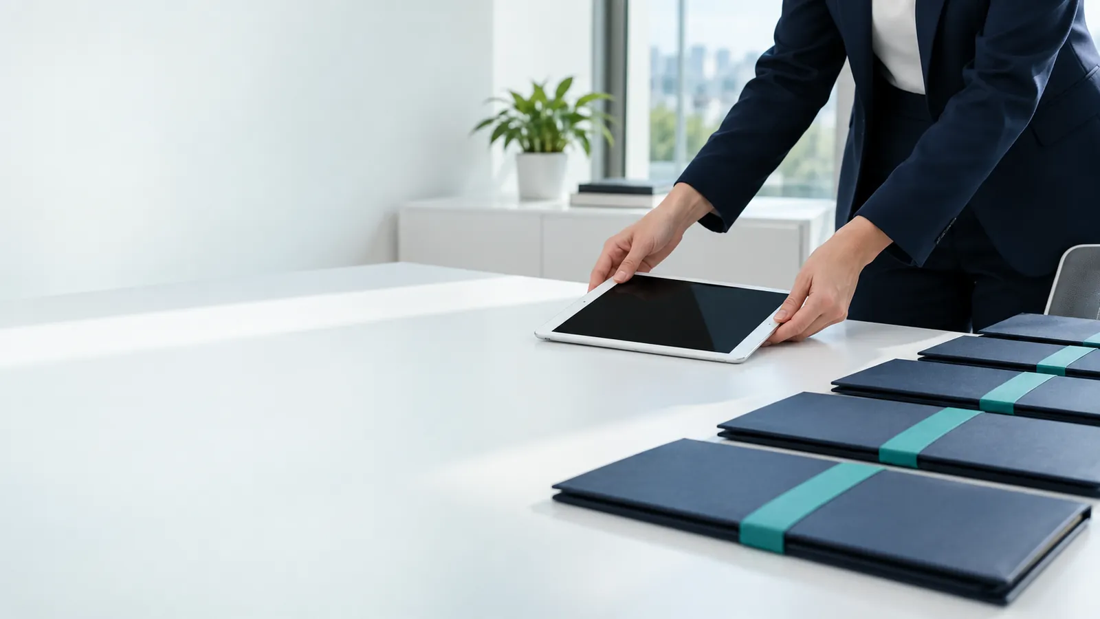 Les mains d'un dirigeant confient une tablette à écran éteint à un poste de travail rangé, où l'attendent des dossiers bleu nuit déjà traités