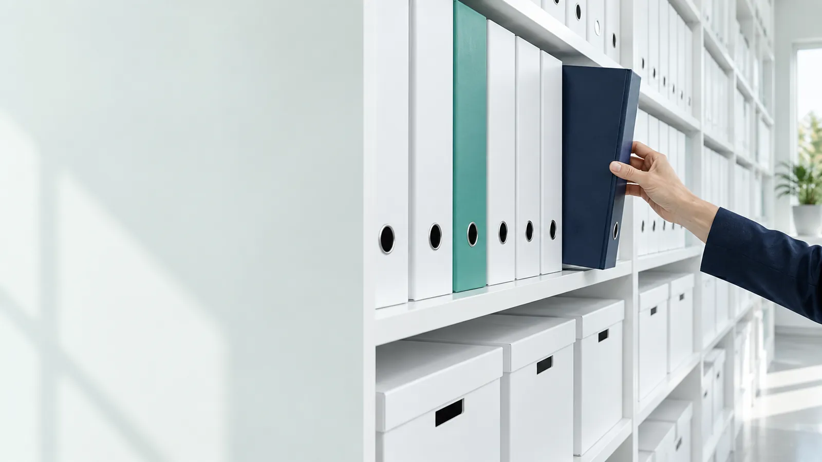 La main d'une documentaliste tire un classeur bleu nuit d'une longue étagère d'archives blanches parfaitement rangées