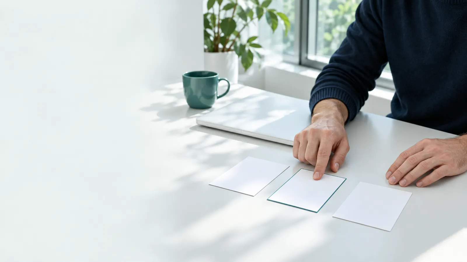 Les mains d'une gérante posent trois cartes blanches côte à côte sur un bureau clair et en choisissent une, bordée de vert