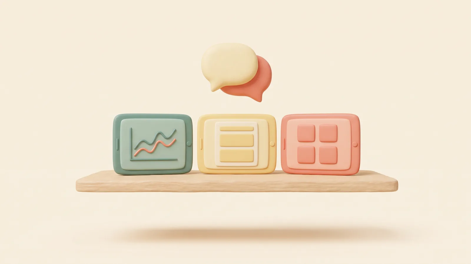 Illustration 3D pour le chatbot en marque blanche : trois écrans côte à côte affichant des mises en page différentes, réunis par une seule bulle de conversation