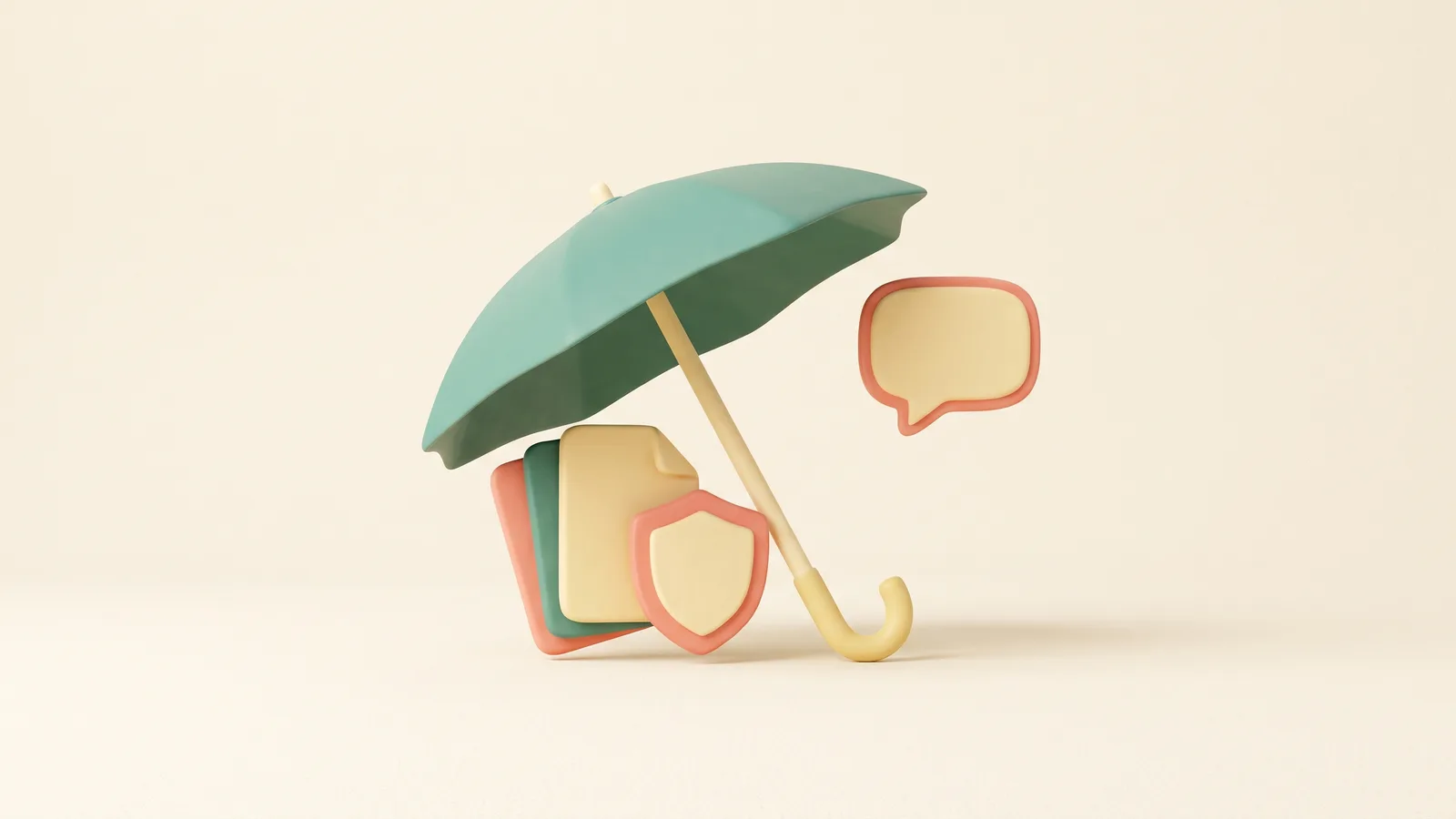 Illustration 3D pour le chatbot assurance : un parapluie ouvert abritant des documents et un bouclier, avec une bulle de conversation à côté