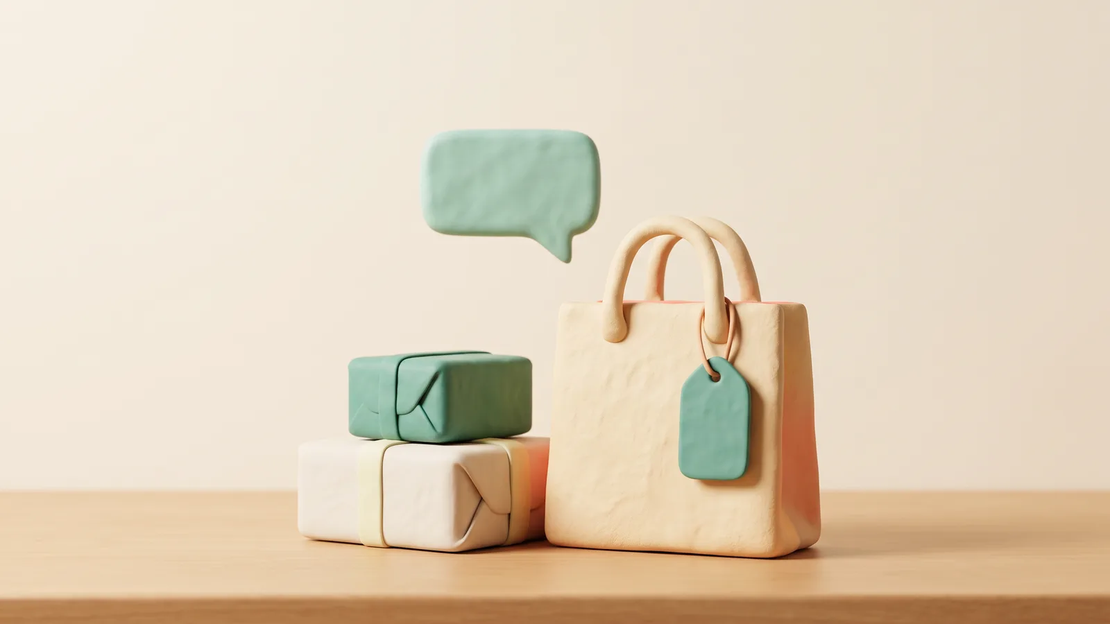 Illustration 3D pour le chatbot e-commerce : un sac de courses avec son étiquette de prix, deux colis empilés et une bulle de conversation qui flotte au-dessus