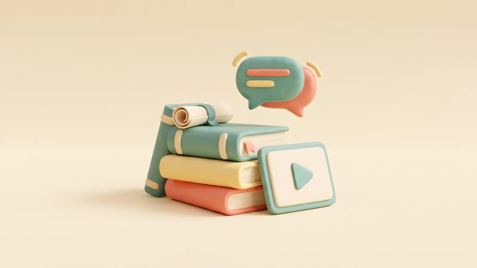 Illustration 3D pour le chatbot de formation : une pile de livres, un diplôme roulé, un écran avec un bouton de lecture et une bulle de conversation
