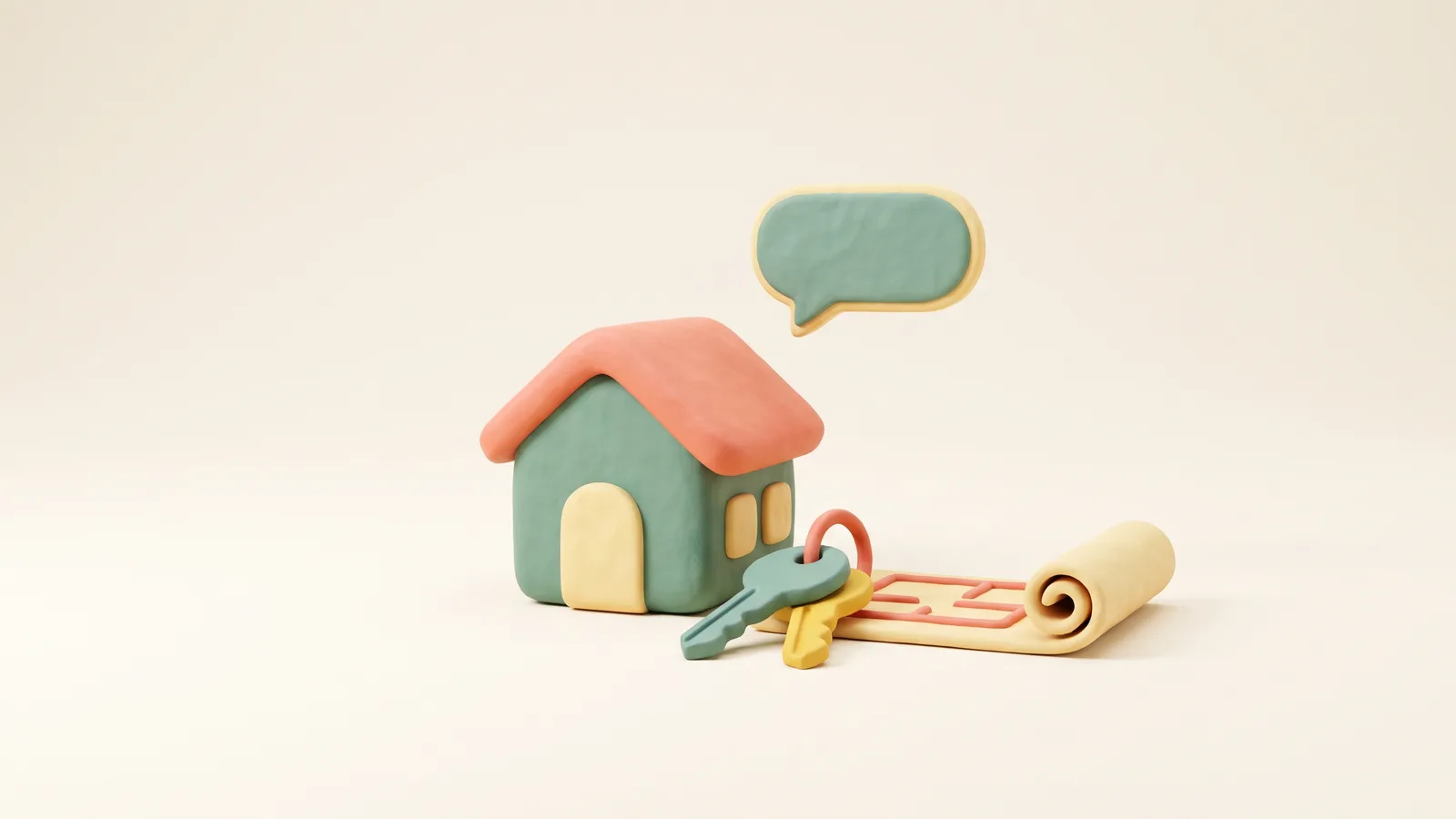 Illustration 3D pour le chatbot immobilier : une maquette de maison, un trousseau de clés, un plan roulé et une bulle de conversation au-dessus du toit