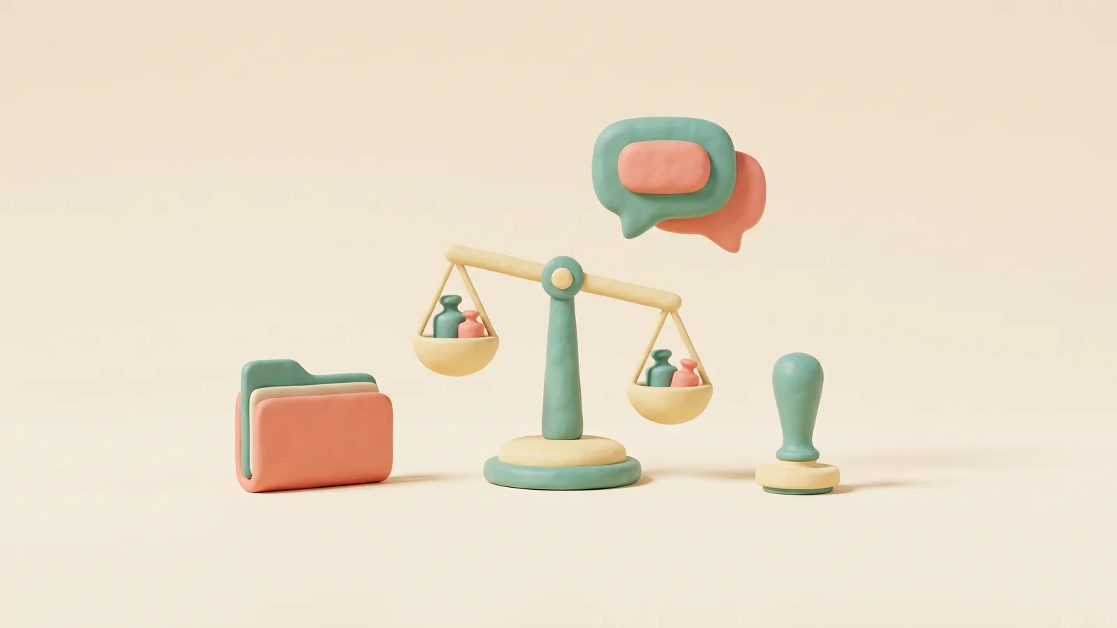 Illustration 3D pour le chatbot juridique : une balance, un dossier fermé, un sceau de cire et une bulle de conversation au-dessus de la balance