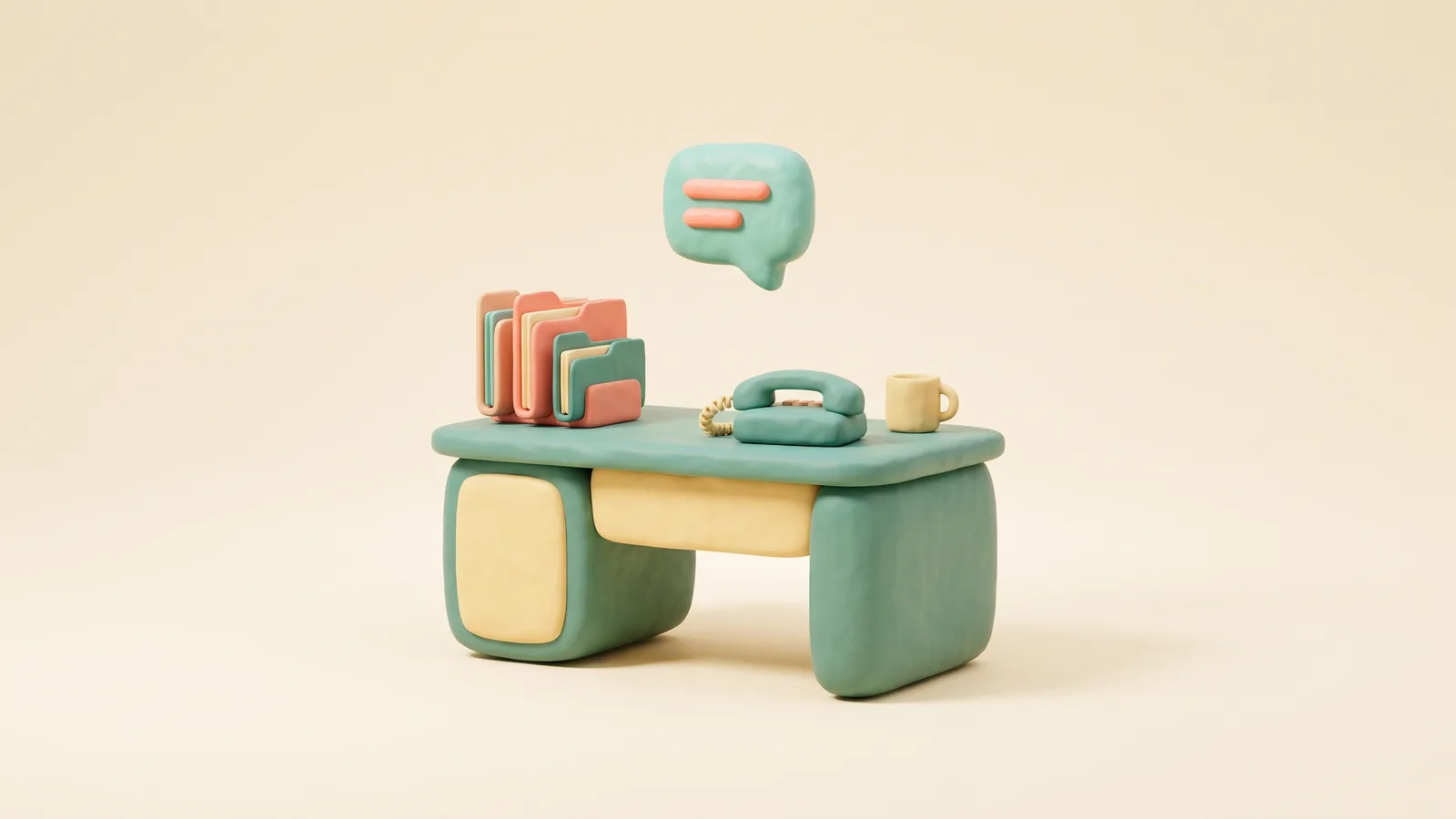 Illustration 3D pour le chatbot de PME : un bureau avec une pile de dossiers, un téléphone fixe, une tasse et une bulle de conversation au-dessus