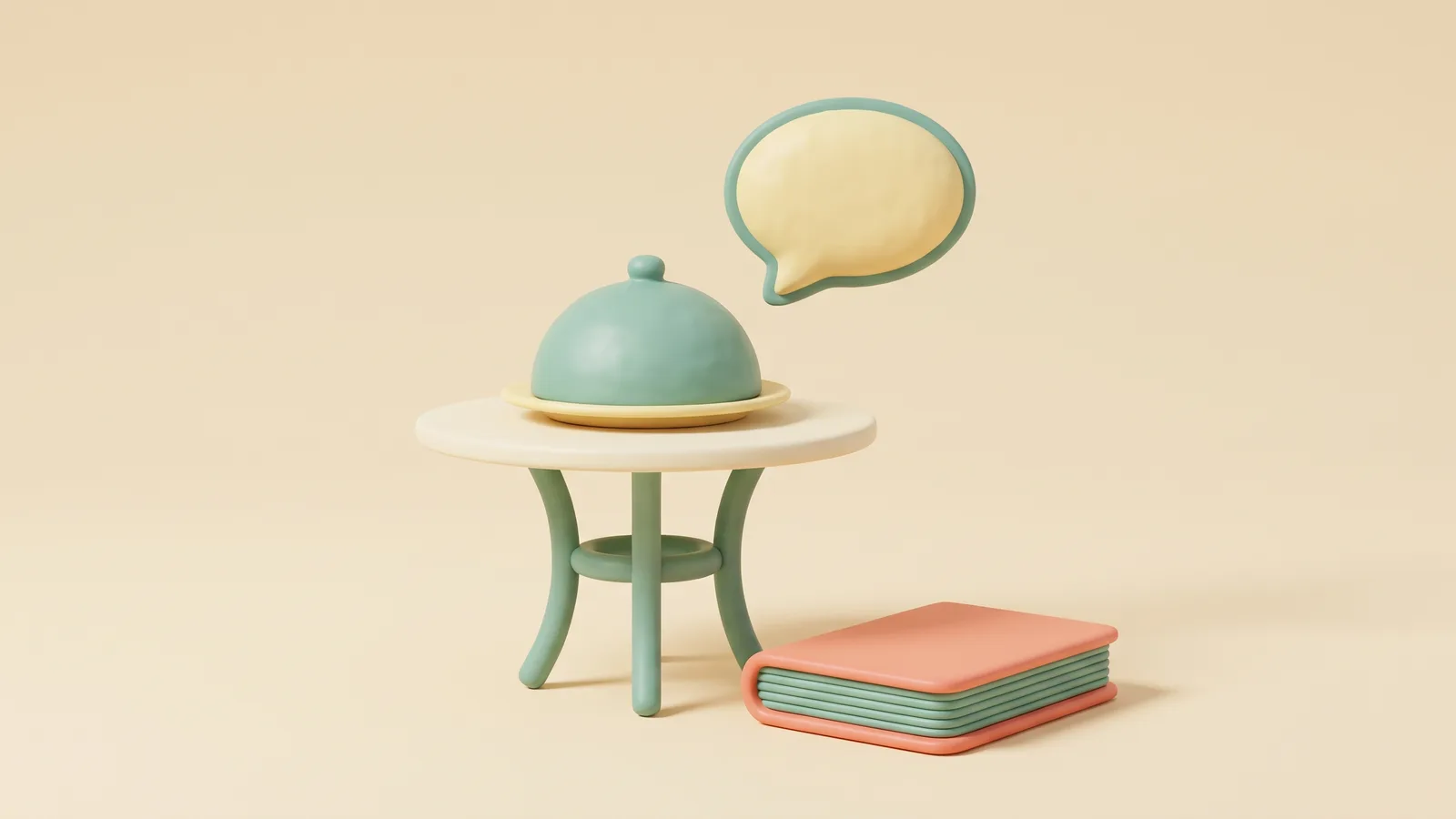 Illustration 3D pour le chatbot de restaurant : une table de bistrot avec une assiette sous cloche, un cahier de réservations et une bulle de conversation au-dessus