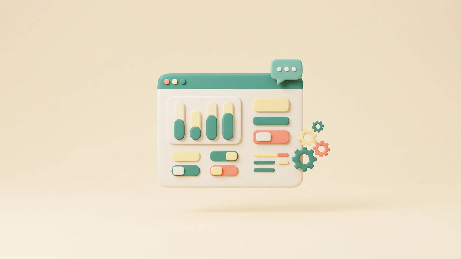 Illustration 3D pour le chatbot SaaS : un écran de tableau de bord avec des graphiques simples, des engrenages et une bulle de conversation dans un coin