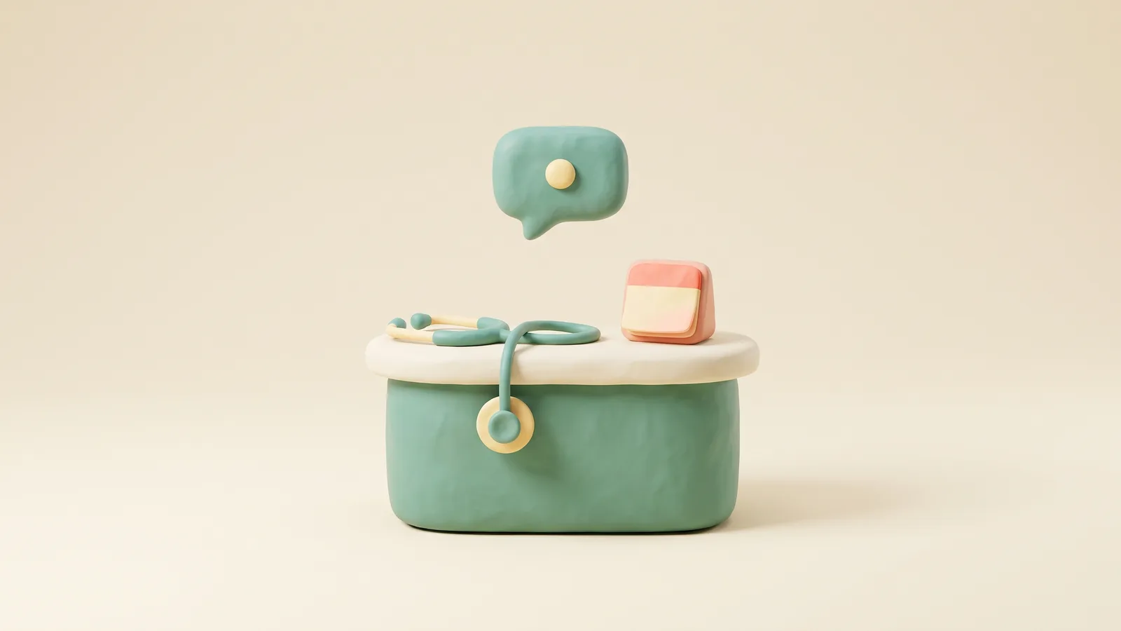Illustration 3D pour le chatbot santé : un comptoir de cabinet médical avec un stéthoscope, une page de calendrier et une bulle de conversation au-dessus