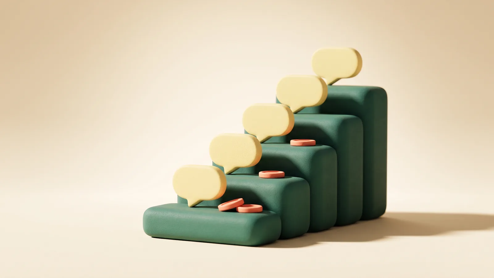 Illustration : un escalier sculpté qui monte vers la droite, chaque marche surmontée d'une bulle de conversation
