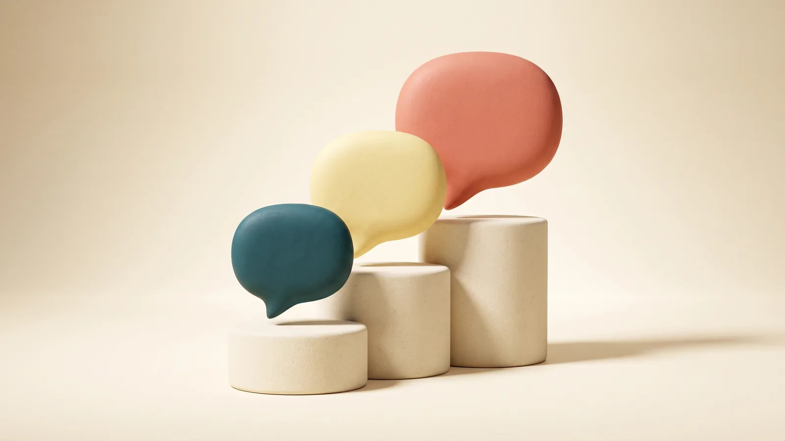 Illustration: three sculpted pedestals of different heights, each topped with a chat bubble