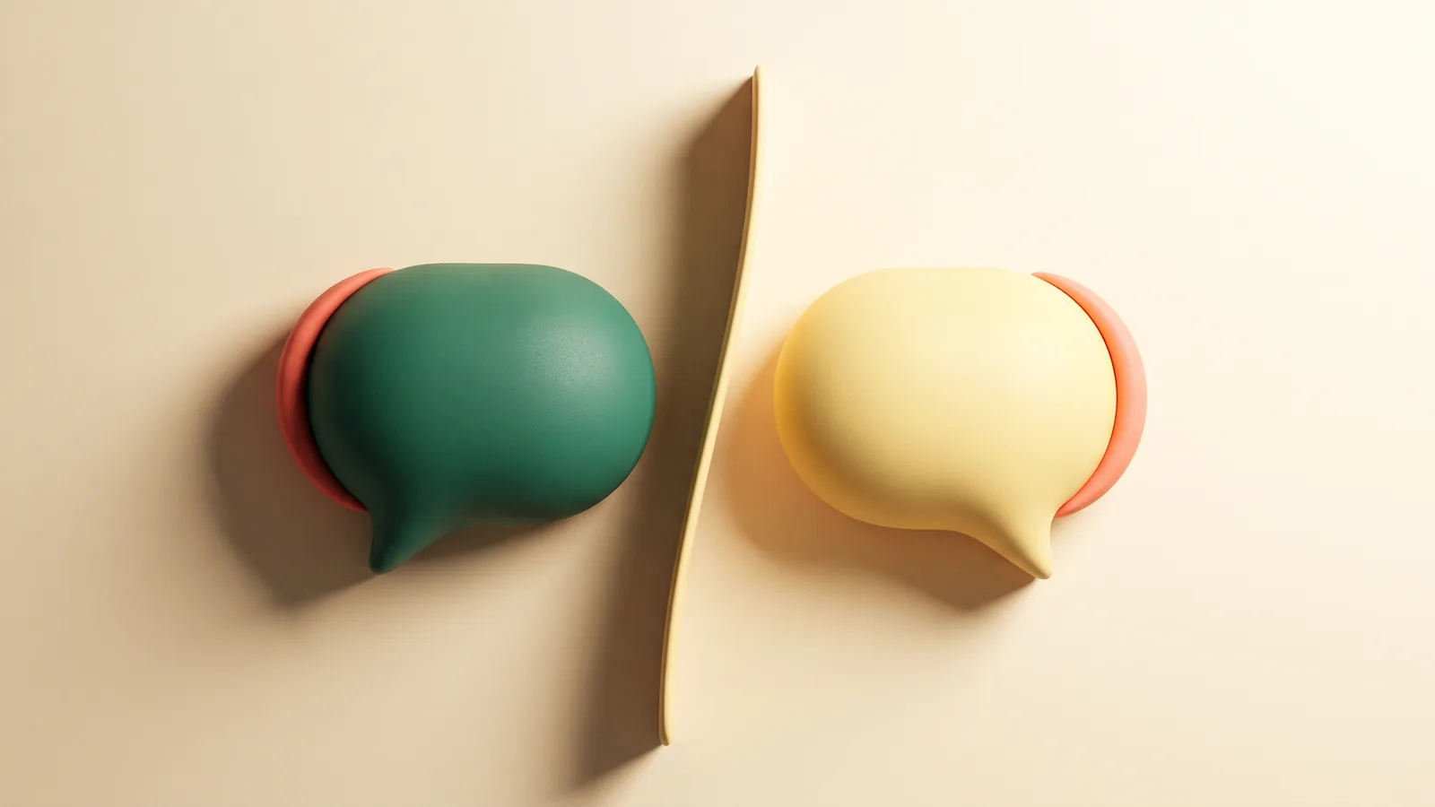 Illustration : deux bulles de conversation de même taille qui se font face, séparées par un fin trait sculpté