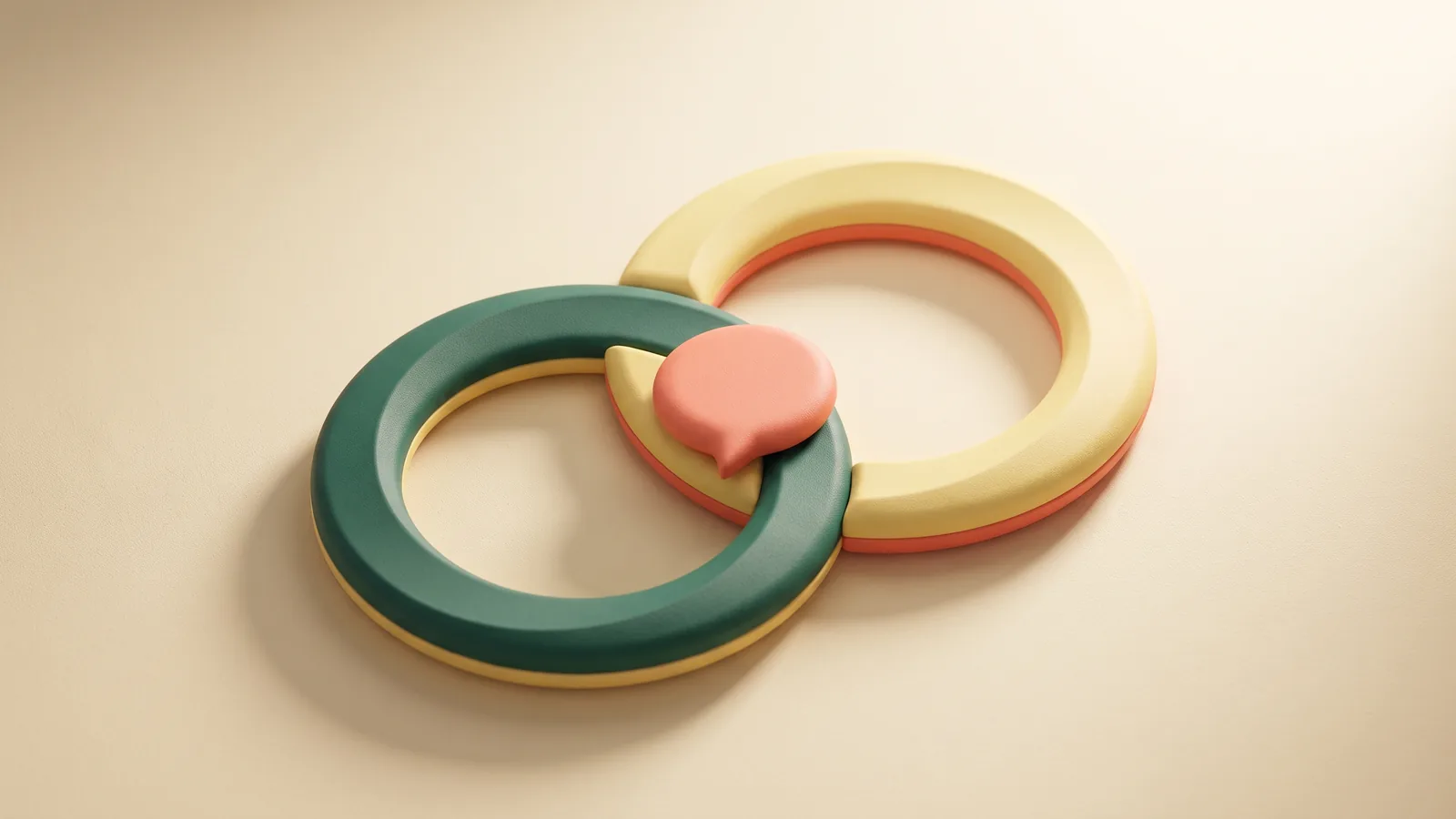 Illustration : deux anneaux sculptés entrelacés, une bulle de conversation posée à leur intersection