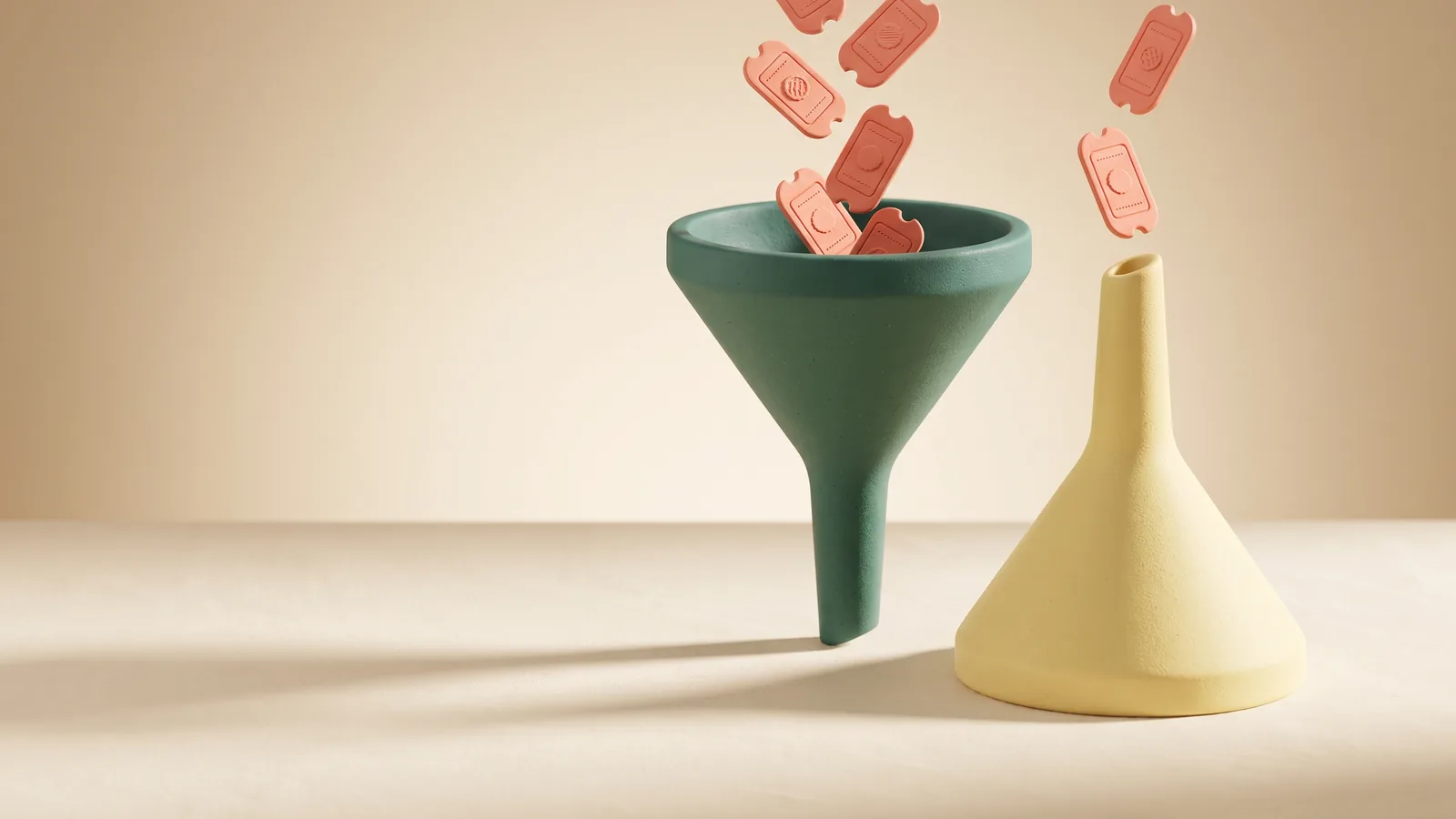 Illustration : deux entonnoirs sculptés, l'un large et l'autre étroit, où se déversent de petits tickets